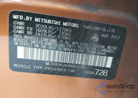 2018 Mitsubishi Mirage Es from USA, damaged, VIN ML32A3HJ9JH003716
